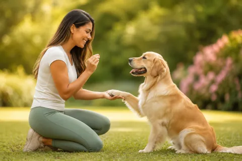 Profissional praticando adestramento positivo com um cão