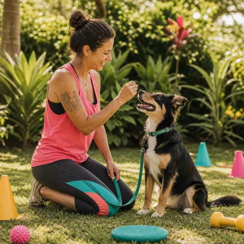 Treino positivo entre uma profissional e um cão