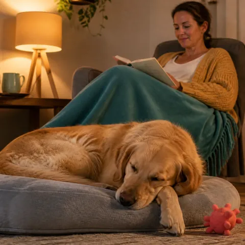 Cão descansando próximo de uma cuidadora