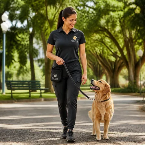 Profissional realizando passeio educativo com um cão