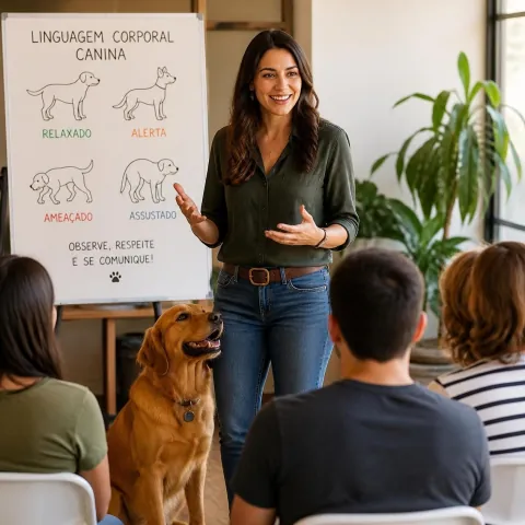 Profissional explicando linguagem corporal canina